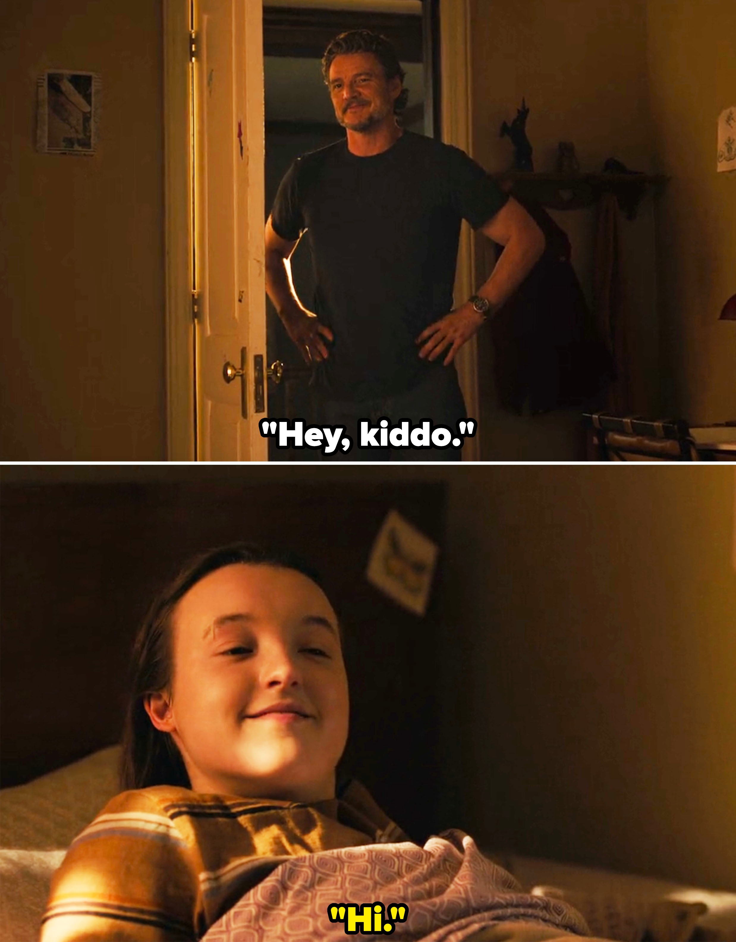 Joel standing in Ellie's bedroom doorway and saying, &quot;Hey, kiddo&quot;