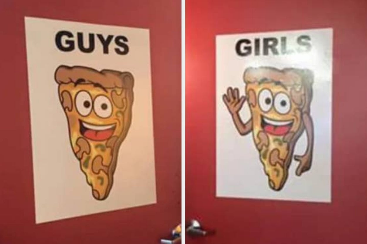 Two restroom signs with cartoon pizza slices, labeled "Guys" and "Girls," each with expressive faces