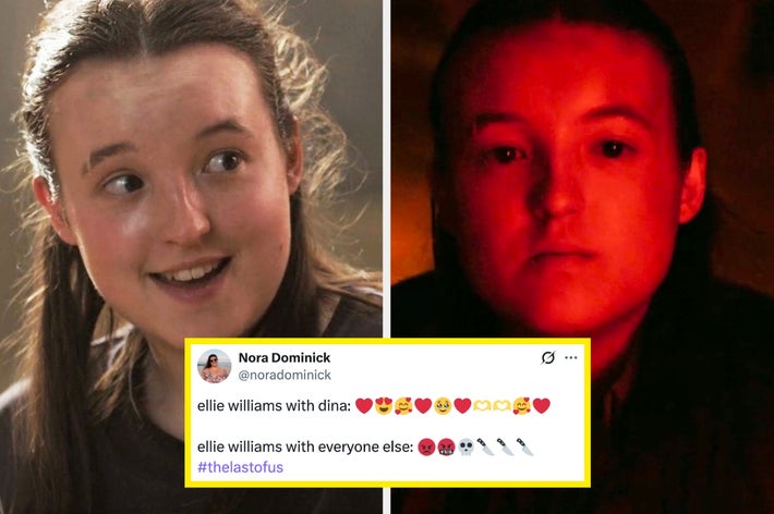 Side-by-side images of Ellie: smiling in one, serious in red lighting in the other. Tweet remarks on how Ellie is with Dina vs. everyone else