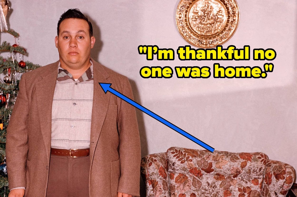 Man in retro outfit next to a Christmas tree with a text overlay: "I'm thankful no one was home."