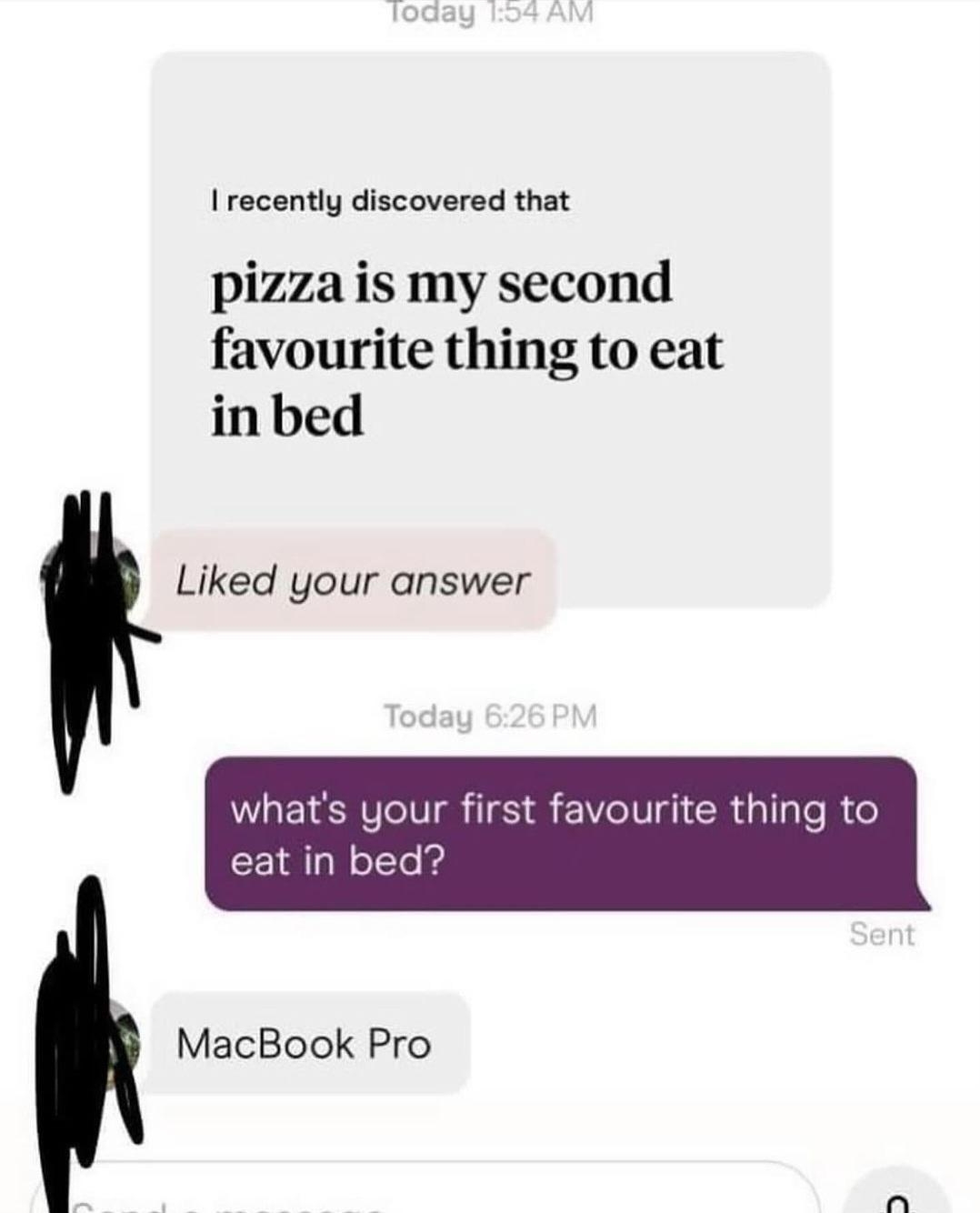 Text conversation joke about someone's favorite thing to eat in bed, revealing it's a MacBook Pro before pizza