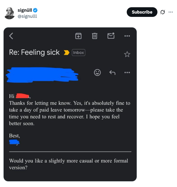 Email reply authorizing a sick day with options for a formal or casual follow-up version