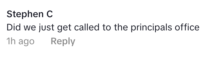 Text exchange: "Stephen C: Did we just get called to the principals office" followed by a "1h ago Reply" timestamp