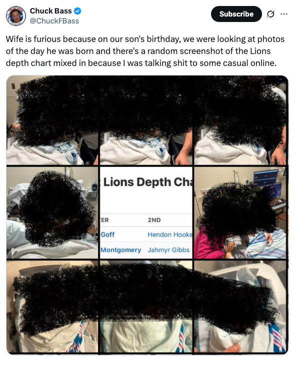 Tweet showing a grid of photos. The text humorously explains a mistake: a football depth chart screenshot mixed with family photos from a child's birth