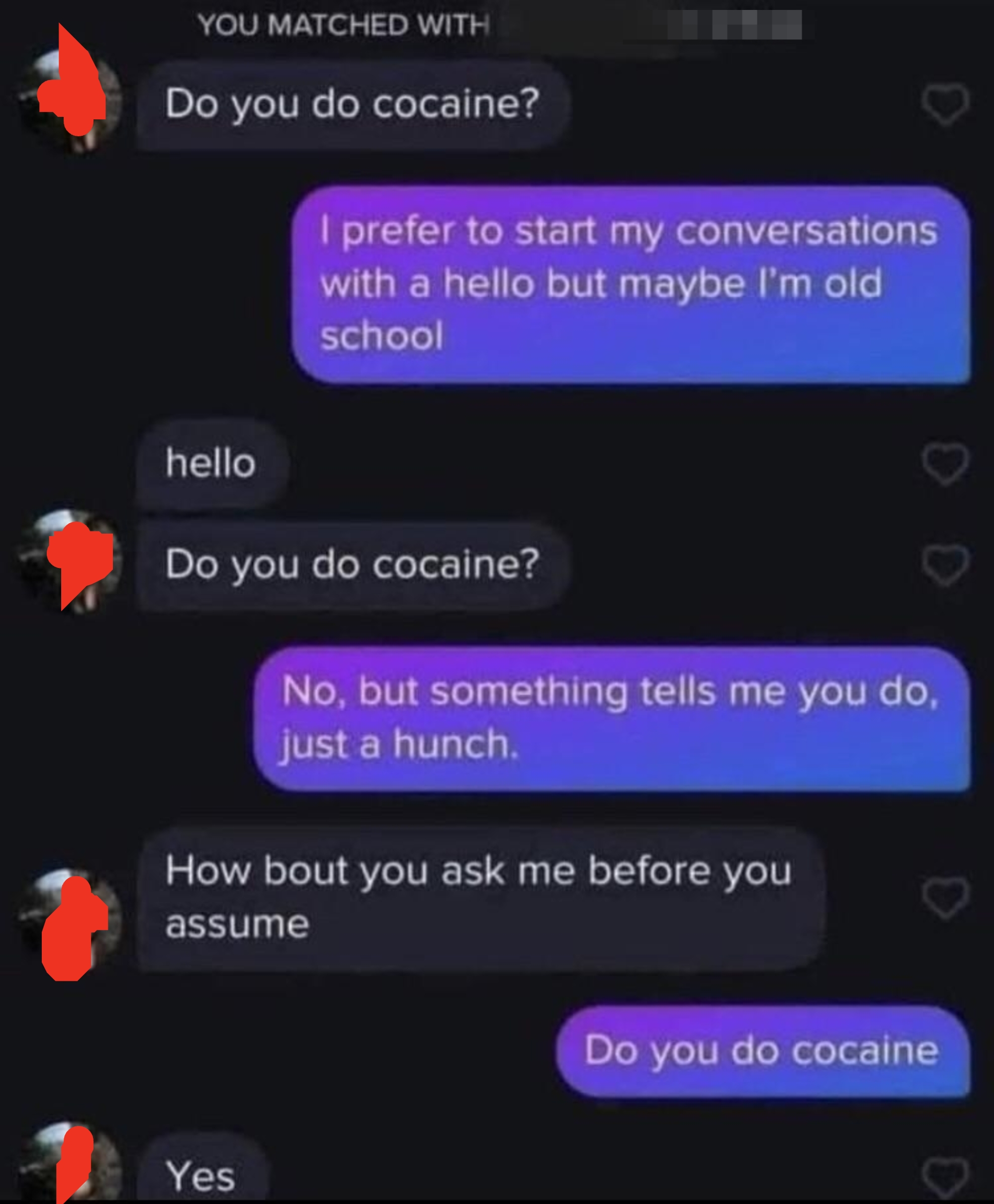 Screenshot of a text conversation discussing drug use, ending with one participant confirming they use cocaine