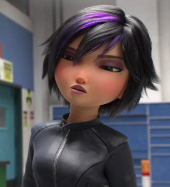 Animated character with short black hair and a purple streak, wearing a black leather jacket, looking to the side with a serious expression