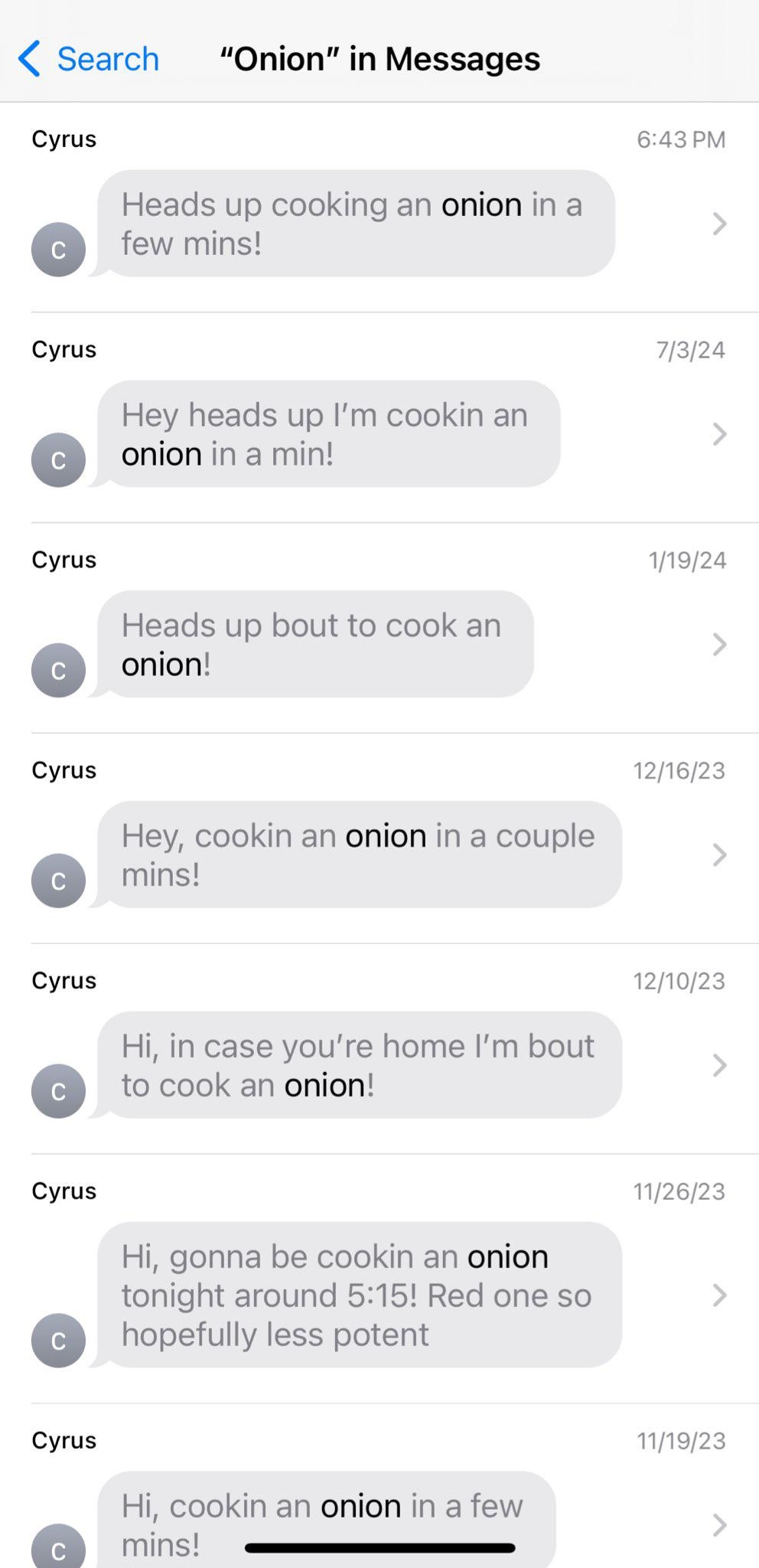 Text conversation with multiple alerts about cooking an onion at various dates and times