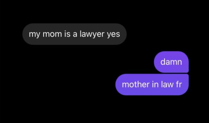 Text image with a message exchange: "my mom is a lawyer yes" followed by "damn" and "mother in law fr."