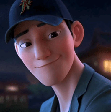 Animated character in a baseball cap smiles warmly, set against a blurred nighttime backdrop