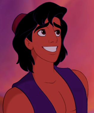 Animated character Aladdin smiling, wearing a vest and fez, looking upwards against a plain background