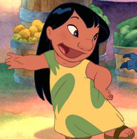 Animated character Lilo, in a yellow dress with green leaf patterns, joyfully dances with arm extended, baskets of produce in the background