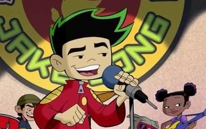Animated character singing into a microphone on stage, with a dragon emblem in the background and animated band members playing instruments