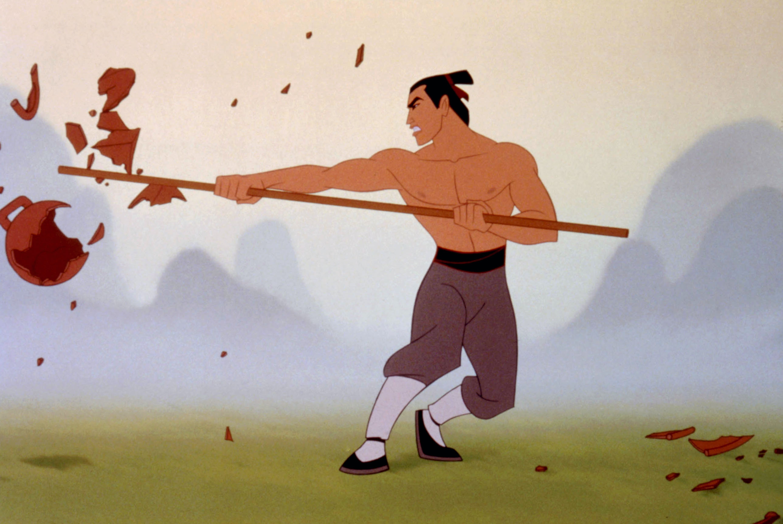 A cartoon warrior in training stance breaks a clay pot with a wooden staff in a mountainous setting