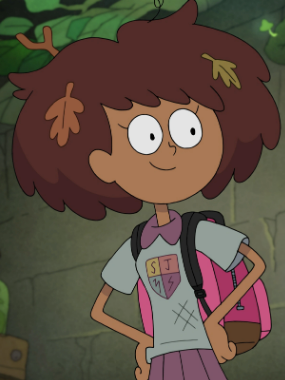 Animated character with large hair, wearing a school-themed shirt and carrying a backpack, stands confidently with hands on hips in a forest setting