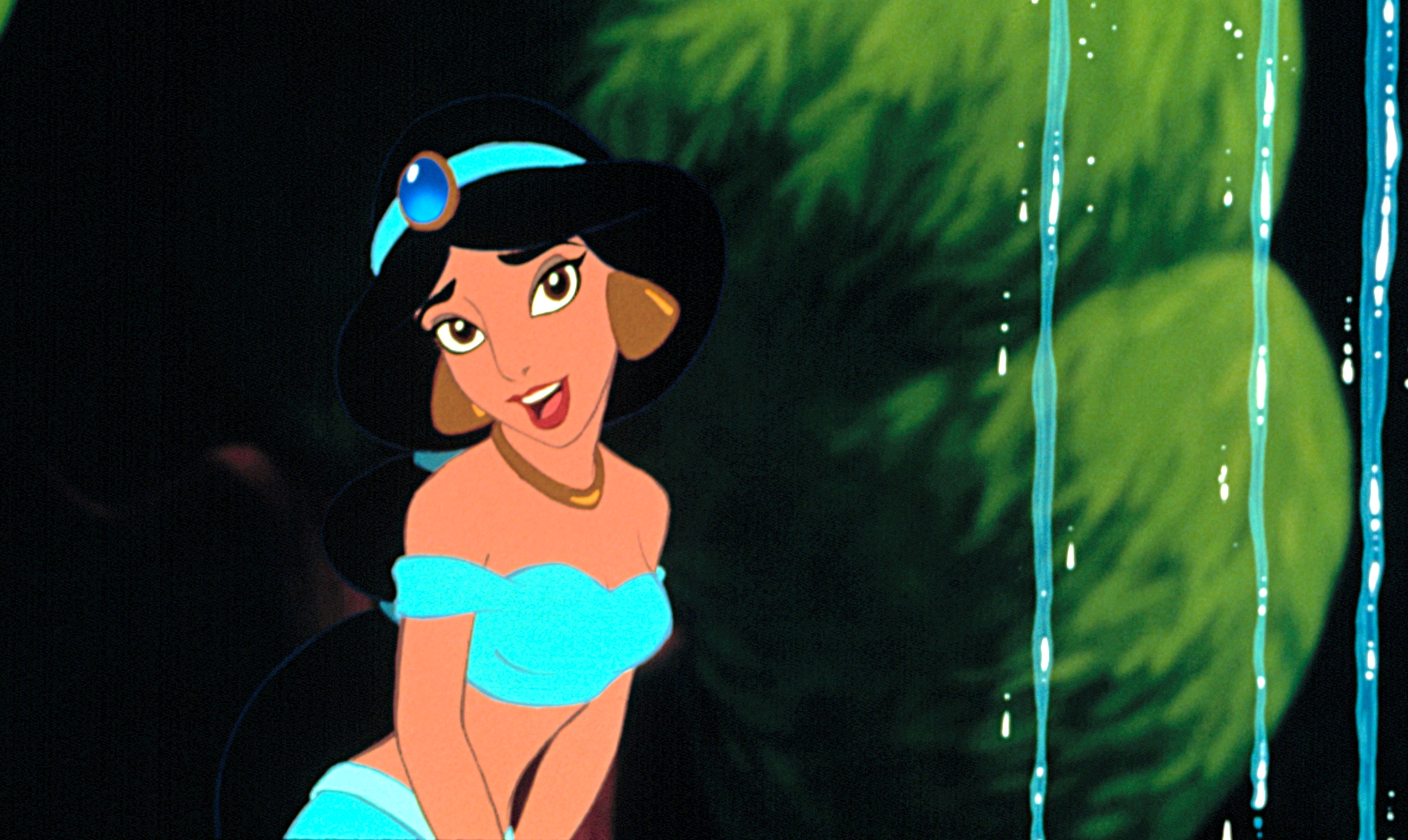 Animated character, wearing a jeweled headband and off-the-shoulder outfit, stands in front of a lush background with water trickling down