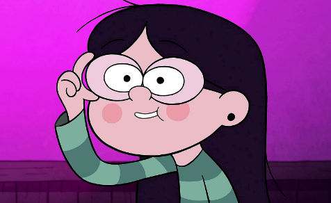 Animated character with round glasses, long dark hair, and a striped shirt, smiling and adjusting glasses