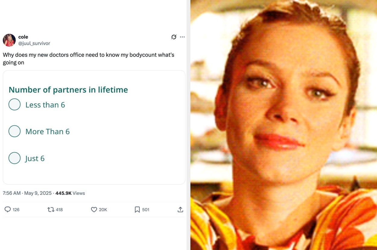 Split image: Left shows an opulent shower with multiple jets. Right shows a person smiling slightly while looking forward. Tweet text: "I'd be in this shower rotating like a gas station hotdog."