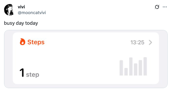 Tweet by user showing a fitness app screenshot with only 1 step recorded at 13:25. Caption reads: "busy day today"