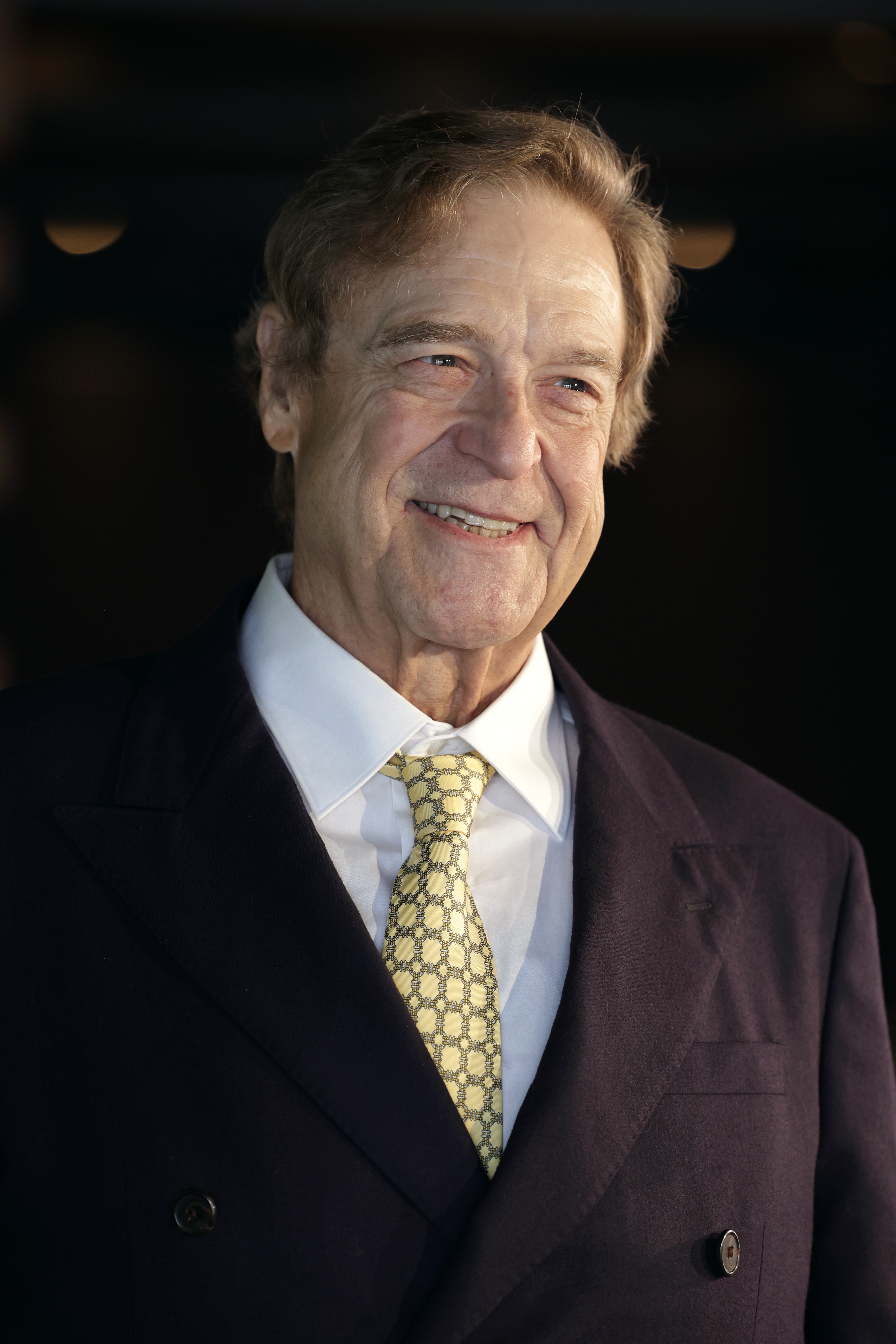 A person in a sleek suit with a patterned tie smiles warmly at a formal event