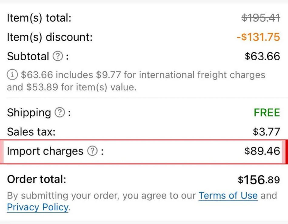 A shopping receipt showing a discounted subtotal of $63.66, with free shipping, $3.77 sales tax, and $89.46 import charges. Total is $156.89