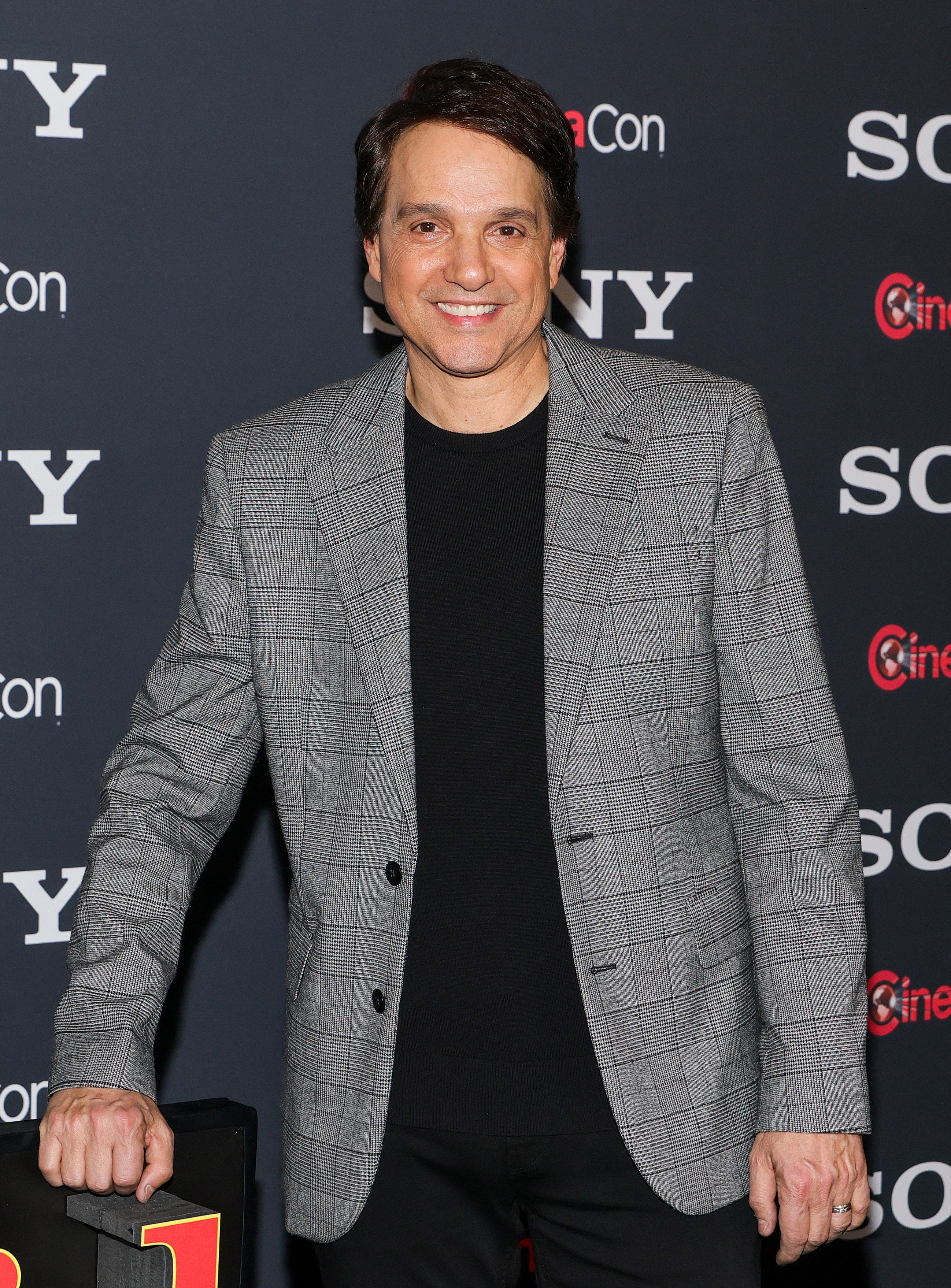 Person in a stylish gray plaid blazer and black shirt poses at a Sony event backdrop