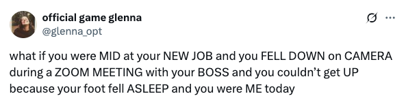 Tweet describing a funny scenario where someone falls during a Zoom meeting because their foot fell asleep