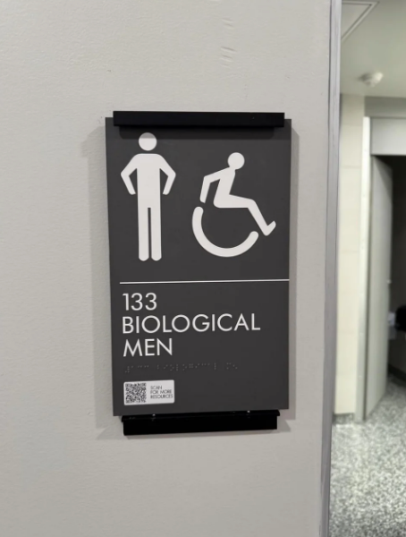 Restroom sign for biological men with accessibility symbol and room number 133