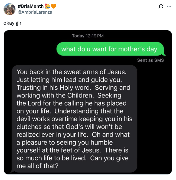 Text exchange about Mother's Day, emphasizing trust in Jesus and God's will, and expressing gratitude for humility and serving others through faith