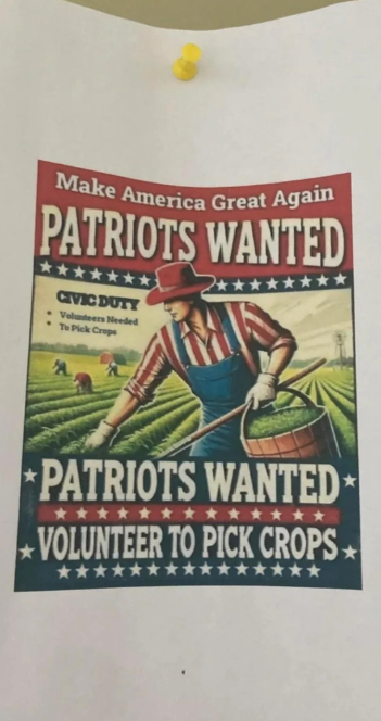 Poster with a farmer holding a basket in a field, reads: "Patriots Wanted. Volunteer to Pick Crops. Civic Duty: Volunteers Needed to Pick Crops"