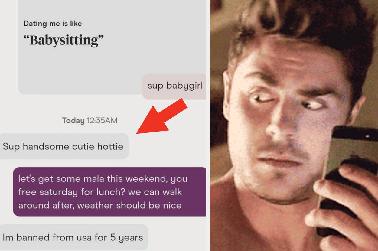 Screenshot of a humorous text exchange with replies about dating and a man's surprised reaction in a photo next to it
