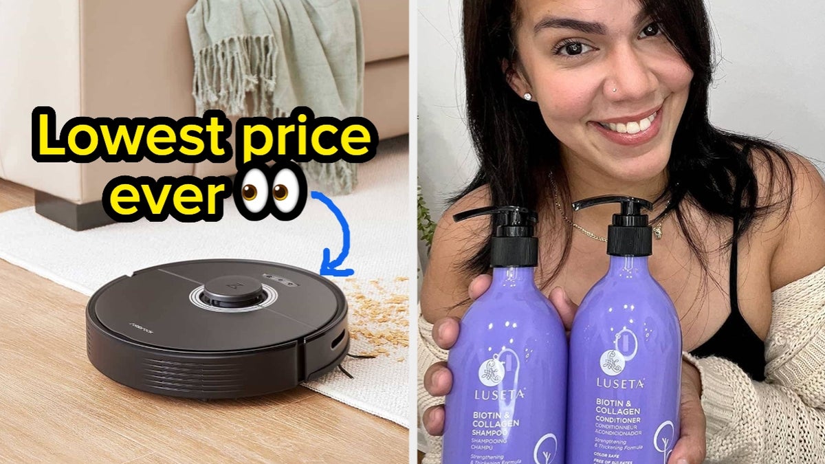 robo vac on carpet; reviewer holding biotin shampoo and conditioner