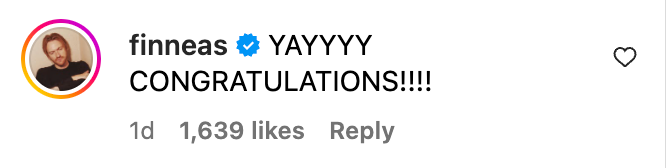 Social media comment from user: &quot;YAYYYY CONGRATULATIONS!!!!&quot; with 1,639 likes