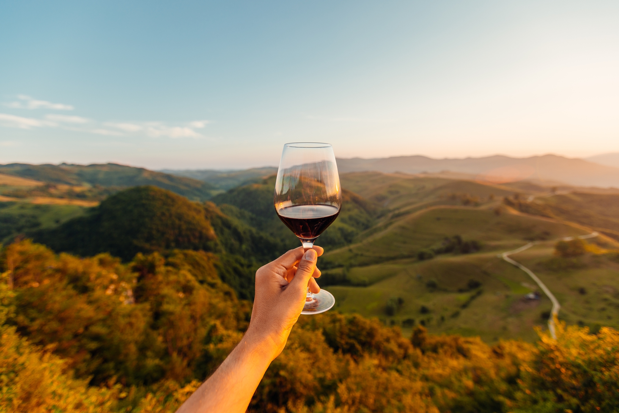 A person holds a glass of red wine against a scenic backdrop of rolling hills and a winding road at sunset