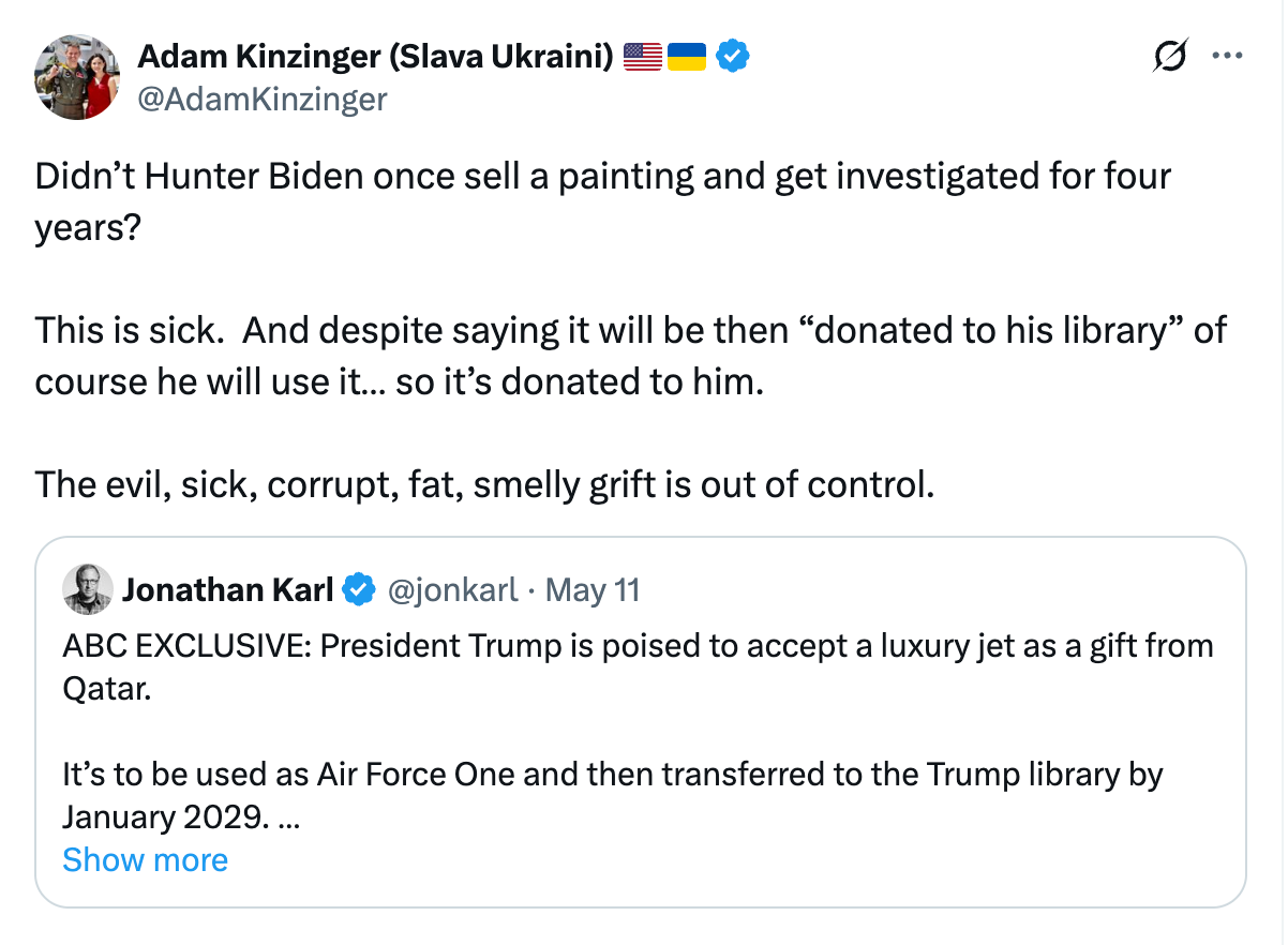 Tweet about controversy over a luxury jet linked to former President Trump, discussing ownership and library donation concerns