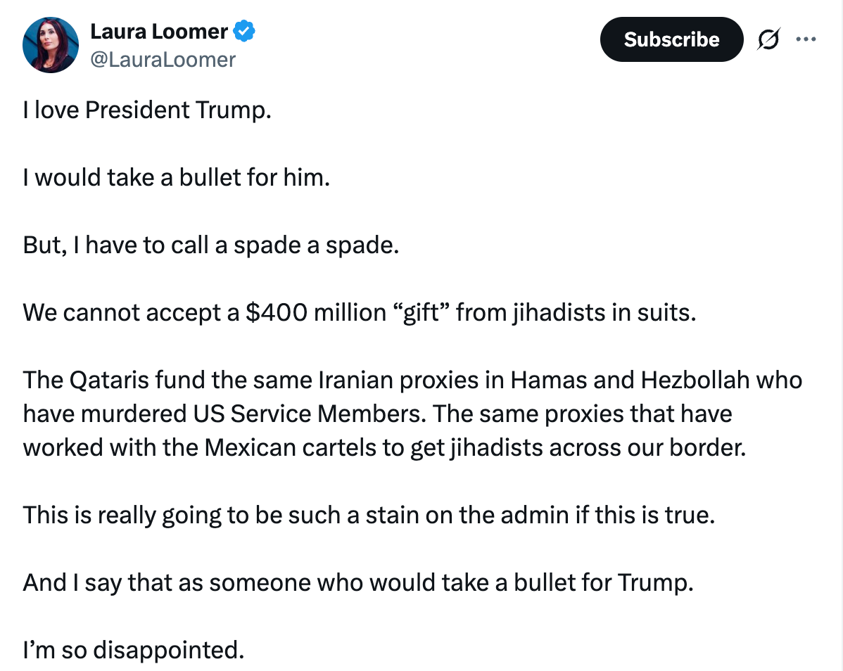 Summary of text: The message criticizes accepting $400 million from Qatar, alleging links to jihadists and a risk to the Trump administration's reputation