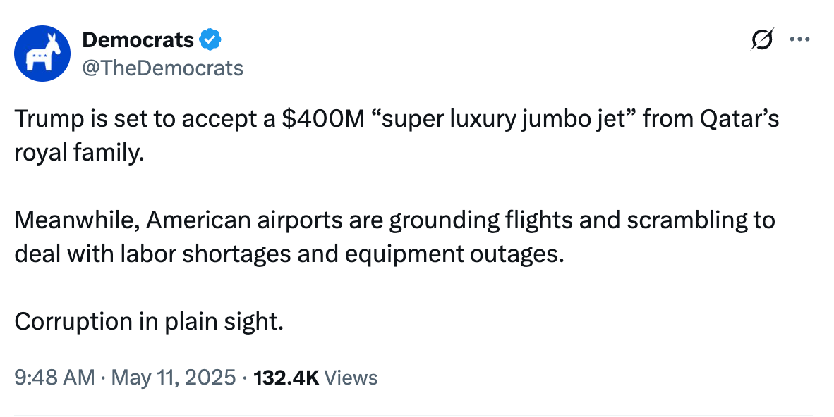 Tweet about Trump allegedly receiving a luxury jet from Qatar amid U.S. airport issues, highlighting perceived corruption