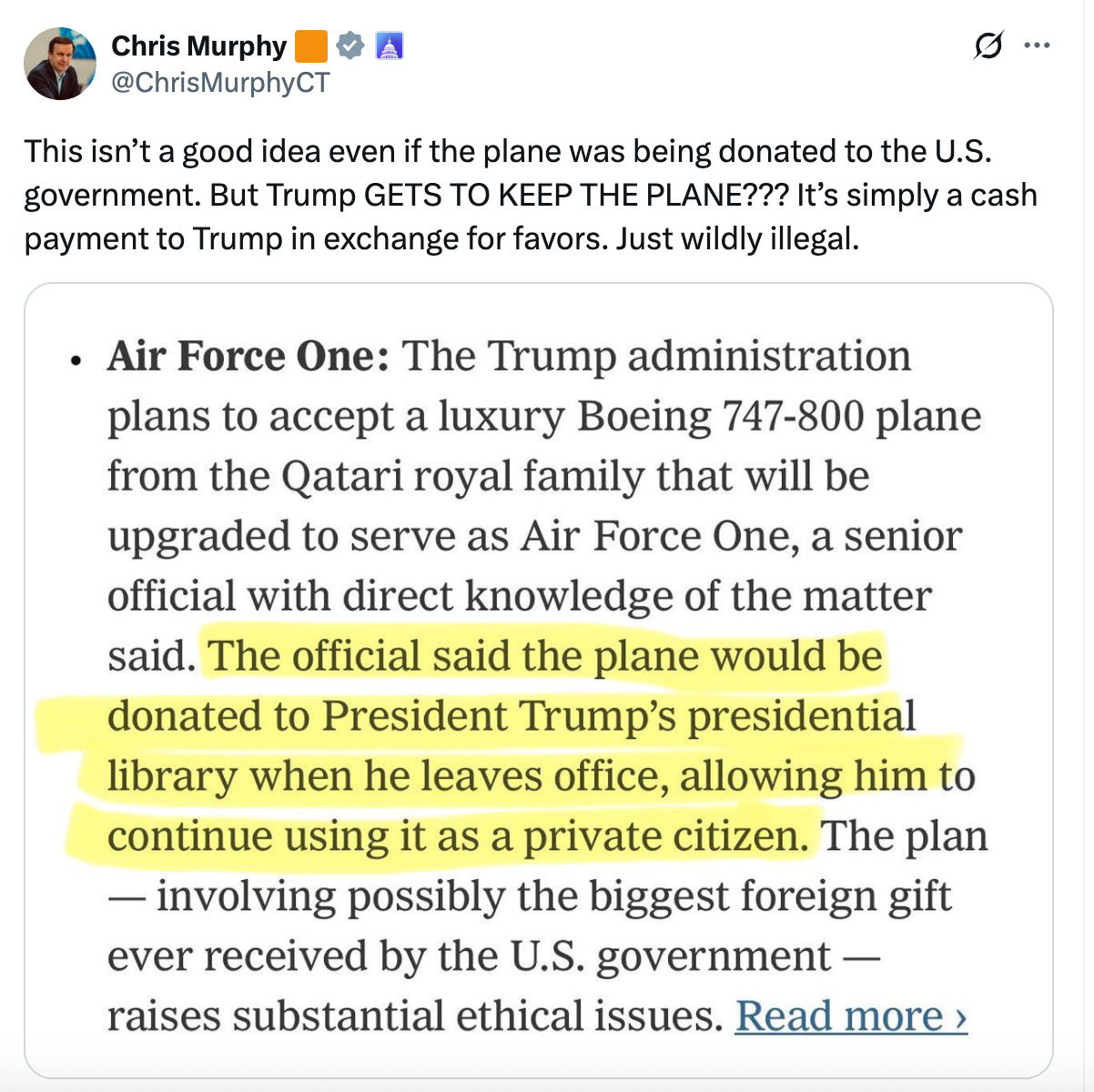 Tweet by Chris Murphy criticizing a plane donation to Trump's library, highlighting ongoing usage