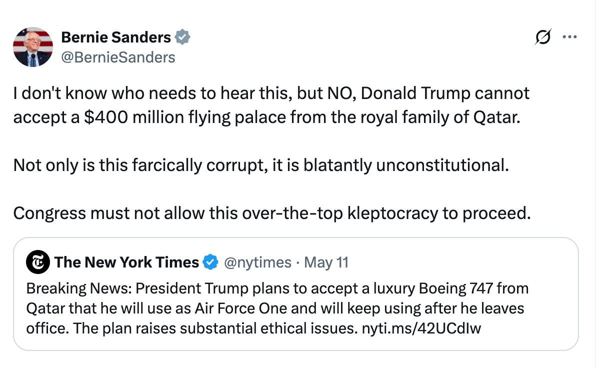 Bernie Sanders tweets against Donald Trump accepting a $400M plane gift from Qatar, calling it corrupt and unconstitutional. Congress urged to block it