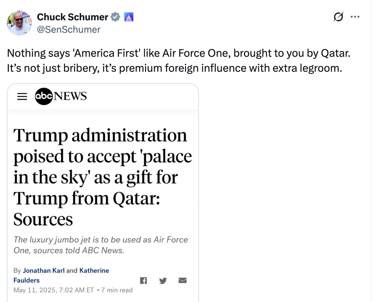 A tweet by Chuck Schumer about a report from ABC News on the Trump administration potentially using a luxury plane from Qatar as Air Force One