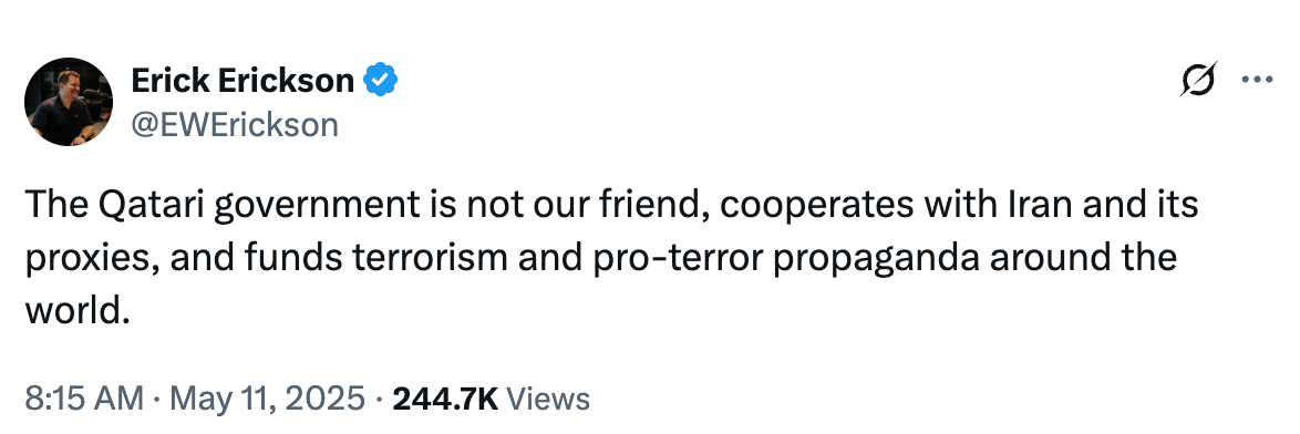 Tweet stating the Qatari government is not friendly, cooperates with Iran, and funds terrorism globally
