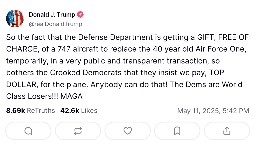 Tweet from a public figure complaining about Democrats insisting on paying for a plane replacement, claiming it's free. Mentions "World Class Losers" and "MAGA."