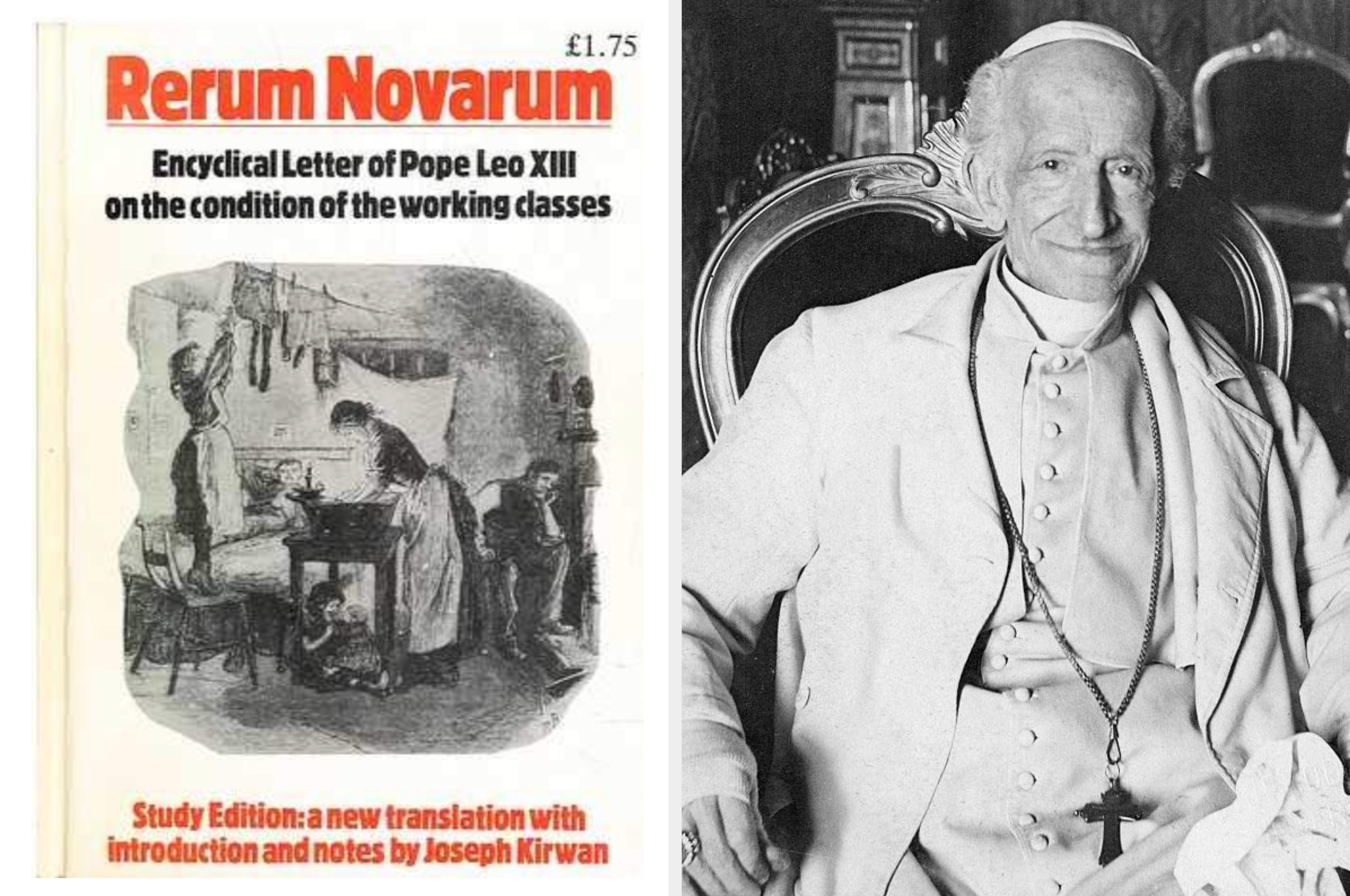 Cover of "Rerum Novarum," encyclical by Pope Leo XIII on workers' conditions, next to a black-and-white photo of the pope seated indoors