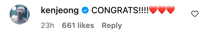 Comment from a verified Instagram user reading &quot;CONGRATS!!!!&quot; followed by three heart emojis