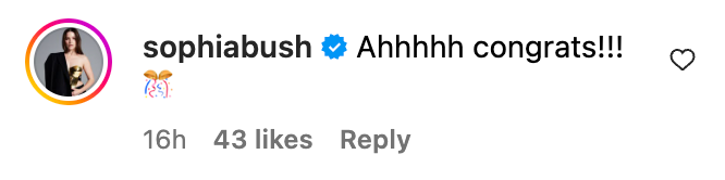 Sophia Bush comments, &quot;Ahhhh congrats!!!&quot; with confetti and celebration emoji, 43 likes, 16 hours ago
