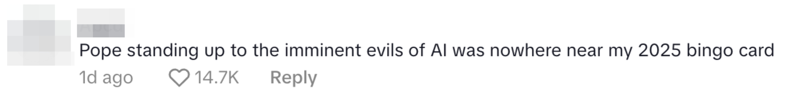 Comment humorously noting surprise about the Pope addressing AI concerns, referencing a "2025 bingo card."