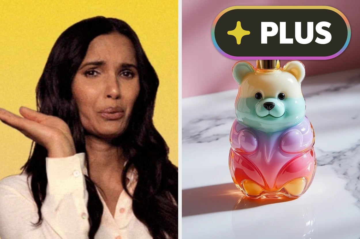 Woman in a skeptical expression gestures next to a cute, colorful bear-shaped perfume bottle