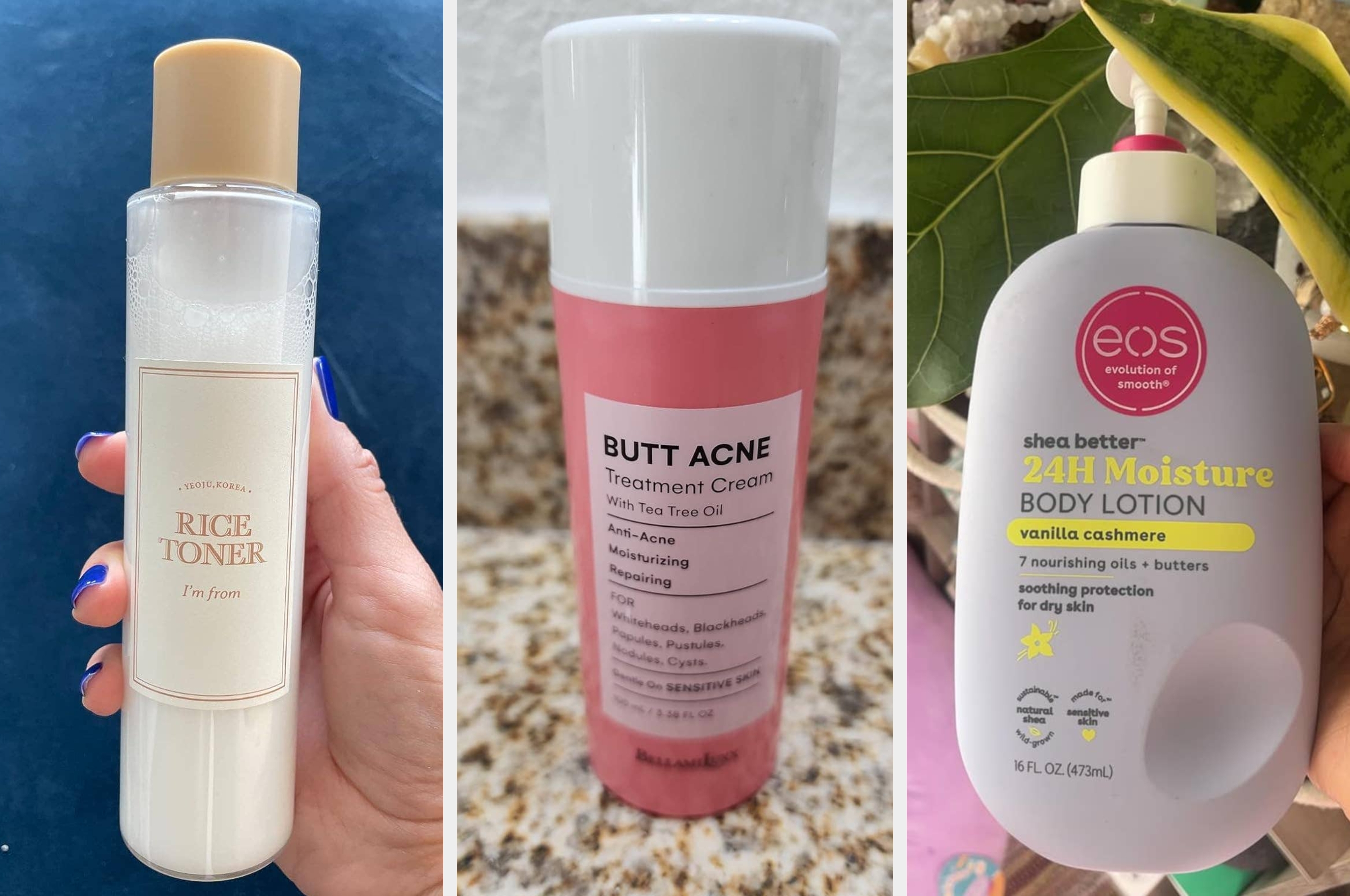 Three skincare products: rice toner, butt acne treatment cream, and a Korean skincare product are shown