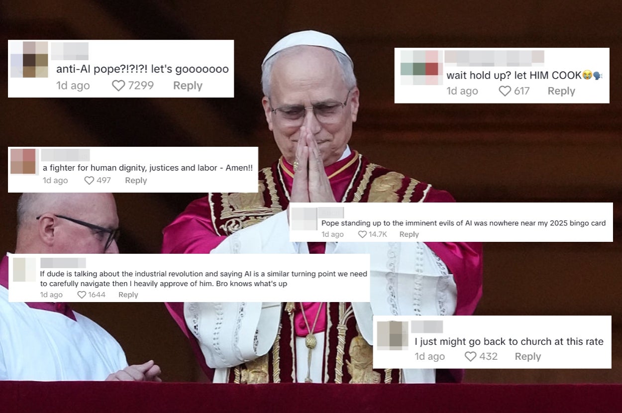 A person dressed in papal attire appears in a meme with humorous comments about AI and future predictions surrounding the image