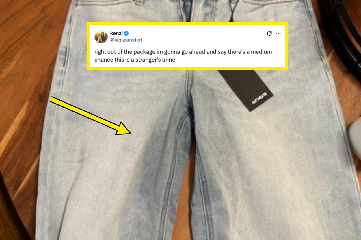 Person grimacing at jeans with a stain alongside a tweet expressing concern that the stain might be urine
