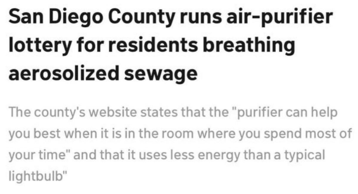 Headline about San Diego County offering an air purifier lottery due to airborne sewage